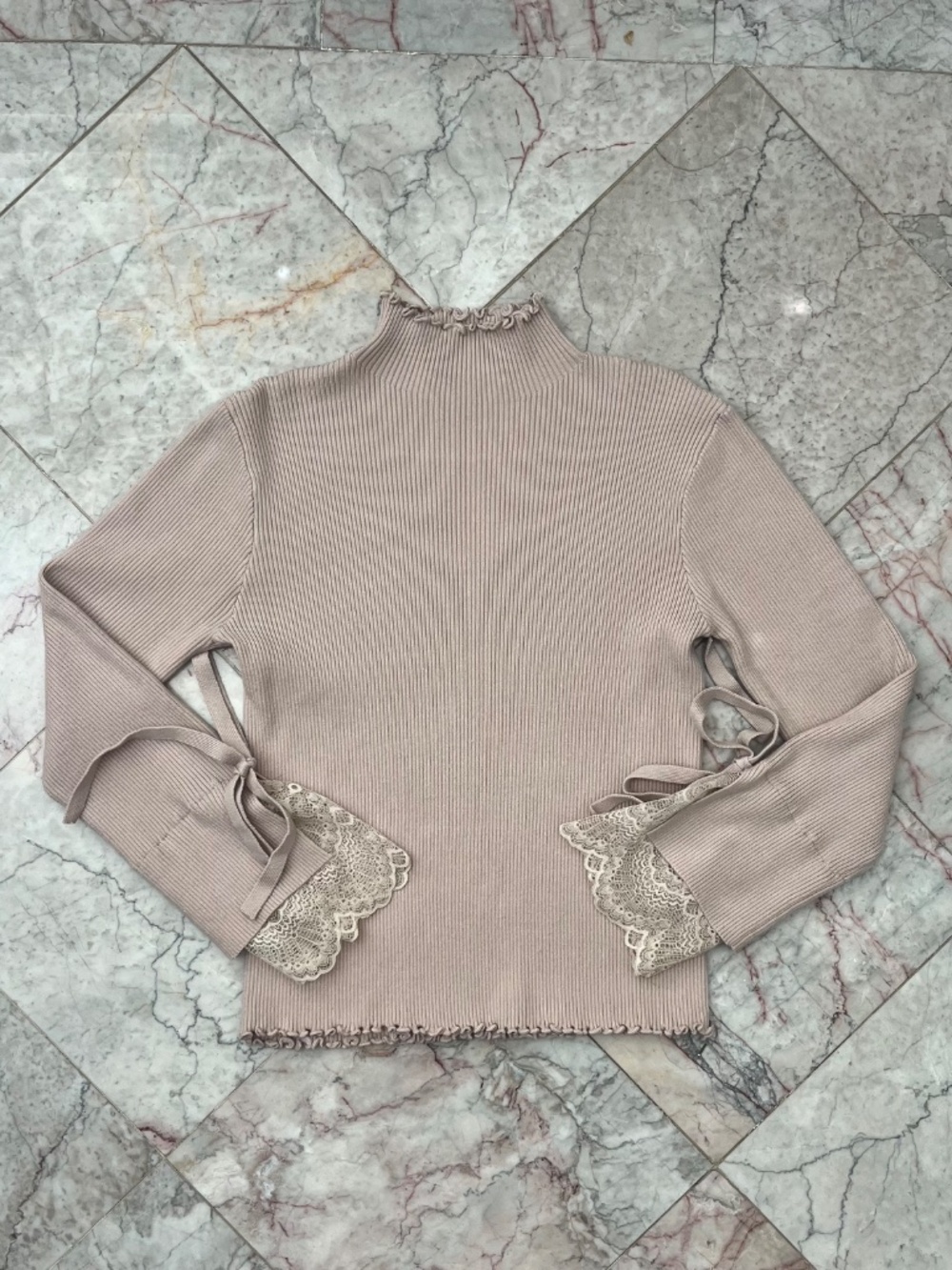 Altar’d State Ribbed Mock Neck Lace Cuff Tie Sleeve Sweater Taupe Size M NWOT
